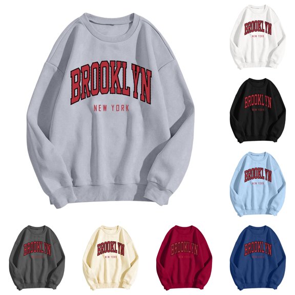 RUTAYY Women's Sweatshirt Long Sleeve Relaxed Fit Vintage Brooklyn City Graphic Layering Pullover Tops Grey