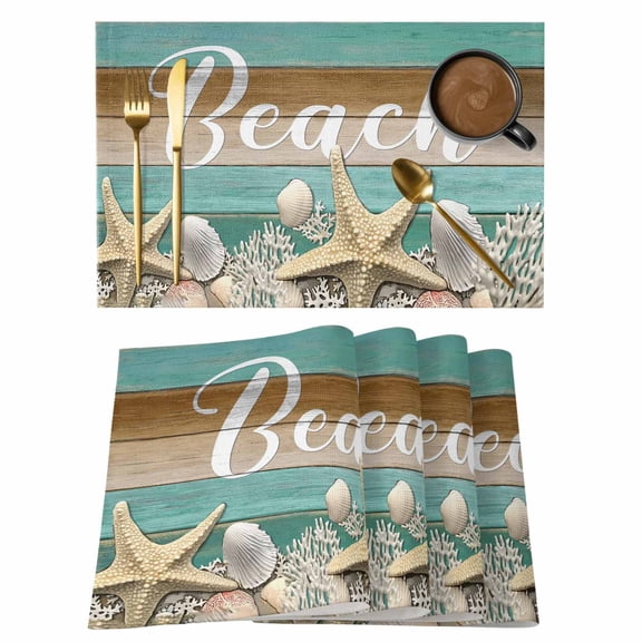 Starfish Placemats Set of 6, Coastal Coral Ocean Teal Green Brown Wood Grain Placemats for Dining Table, Place Mats for Kitchen Tabletop, Waterproof Wipeable Dining Table Mats Set
