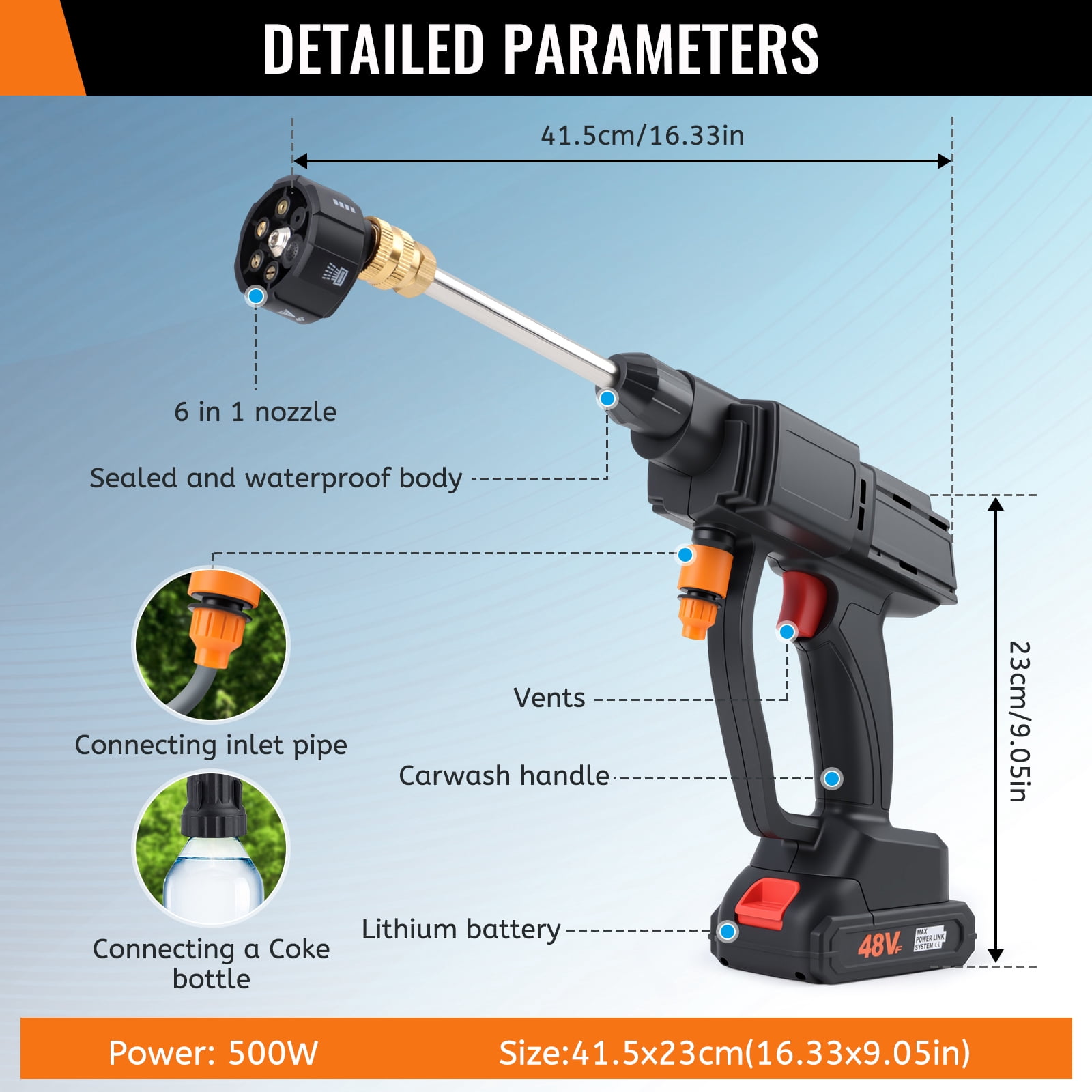 990 PSI Cordless Pressure Washer  ,Portable Handheld Power Washer ,  6-in-1 Swivel Nozzle, 16.4FT Hose,for Car Yard Fence Wall Cleaning and Garden Irrigation ,Black