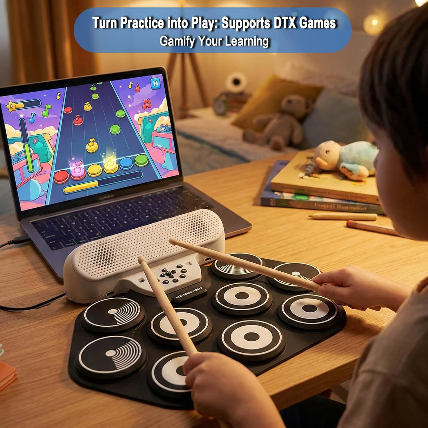9-Pad Electric Drum Set for Kids & Beginners - Portable Roll Up Electronic Drum with 0.4" Thickened Pads, 10-Hour Rechargeable Battery, Headphone Jack - Supports DTX Games (Sticks & Pedals Included)