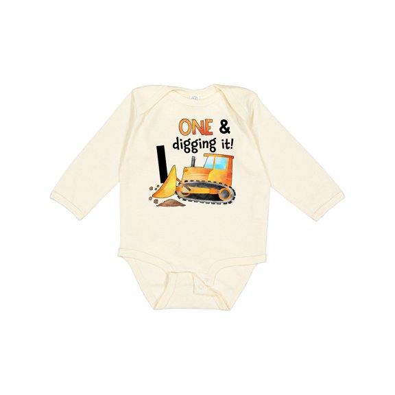 Inktastic One and Digging It Bulldozer 1st Birthday Boys or Girls Long Sleeve Baby Bodysuit