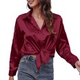thumbnail image 1 of Blusa de satén y seda con botones para mujer: camisa de oficina holgada de manga larga y cuello en V, prenda versátil para todas las estaciones, ideal para el trabajo y para looks informales., 1 of 7