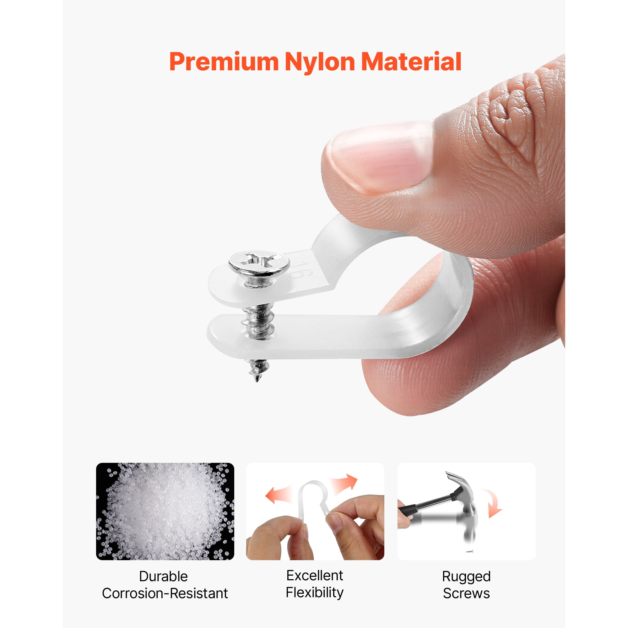 KFFKFF R-Type Cable Clip, 0.51 in Wire Clamp, 100 Pack Nylon Screw Mount Cord Fastener Clips with Screws, Electrical Wire Clamp for Cable Management, Wire Organizer & Cord Holder (White)