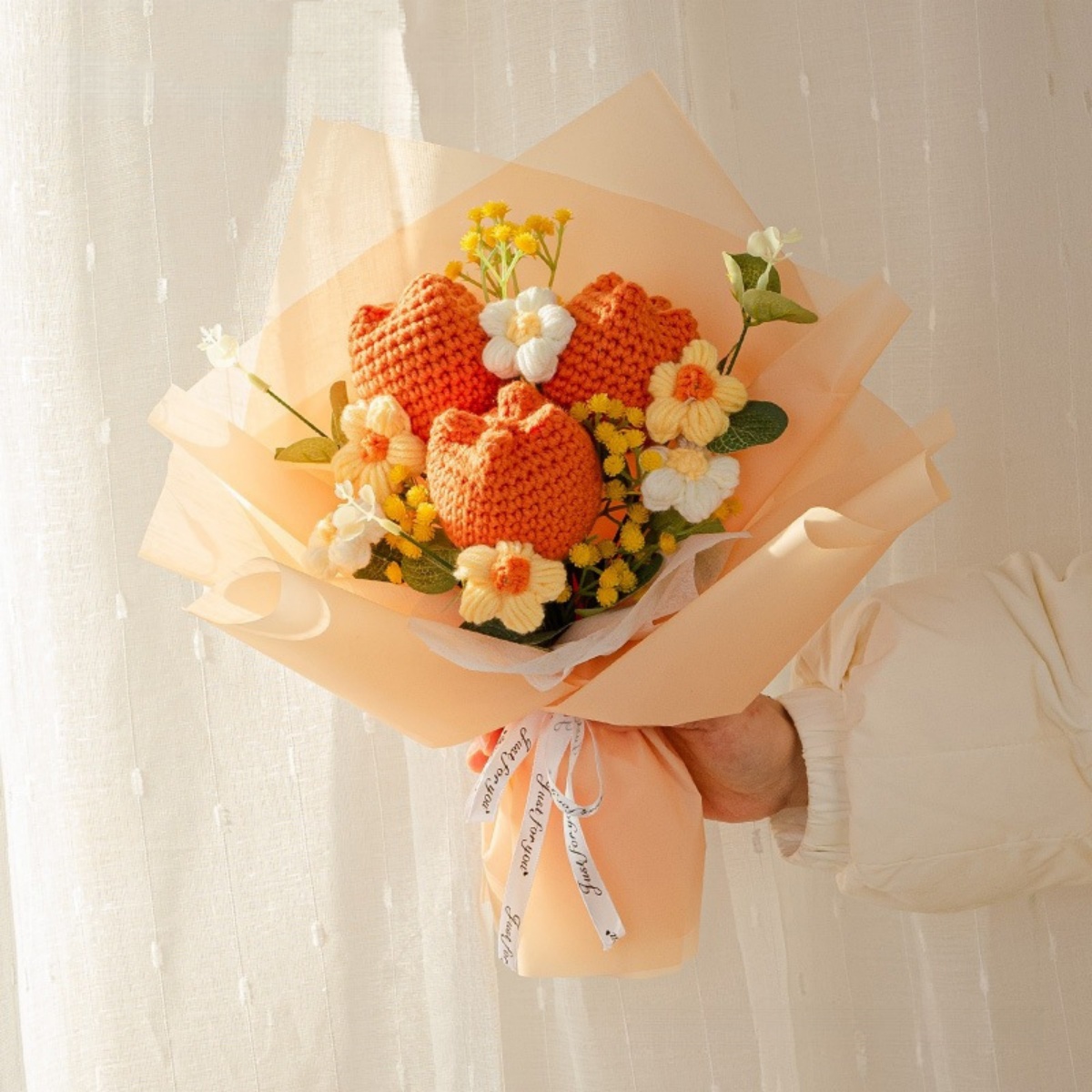 Crochet Flowers Bouquet, Kvago 13.78in Completed Handmade Knitted Flowers, Artificial Flower Knitted Tulips Bouquet for Festival Wedding Graduation Anniversary Mother's Day Women Gift (Orange)