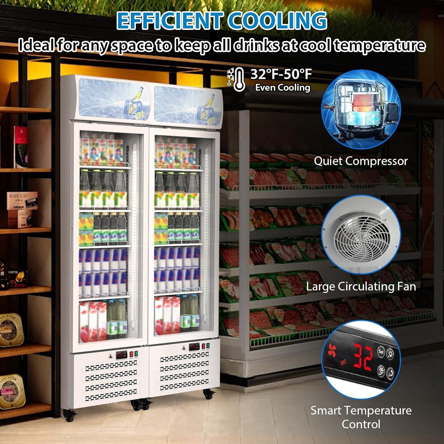 Acekid Dual-Layer Glass Door Commercial Display Refrigerator, Beverage Cooler with LED, White
