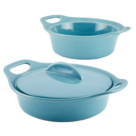 

Rachael Ray Ceramic Casserole Bakers with Shared Lid Set 3-Piece Agave Blue