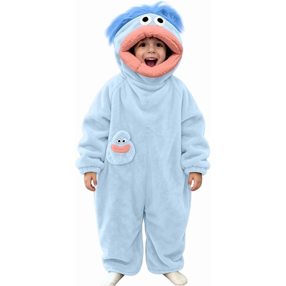 Guvpev Funny Big Mouth Monster Onesie, Silly Puppet Cosplay Costume, Soft Plush Hooded Jumpsuit Pajamas, Oversized Cozy Fleece Loungewear for Halloween Party & Birthday Gifts
