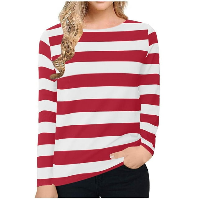 FAIWAD T-Shirt Rayé pour Femmes Tunique Décontractée à Manches Longues Hauts d'Automne Col Rond Tee-Shirt Ample Blouse Basique Grandes Tailles