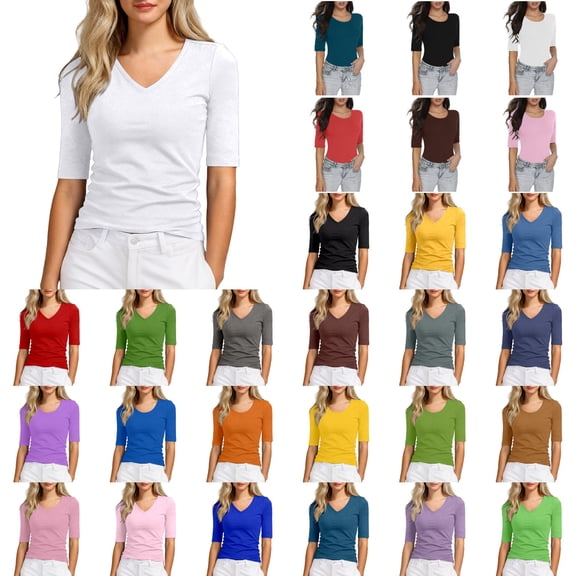 KHONTS Women's Half Sleeve V Neck T Shirts Mid Elbow Length Sleeve Shirts Slim Fit Tunic Tops Casual Summer Tees Navy XL