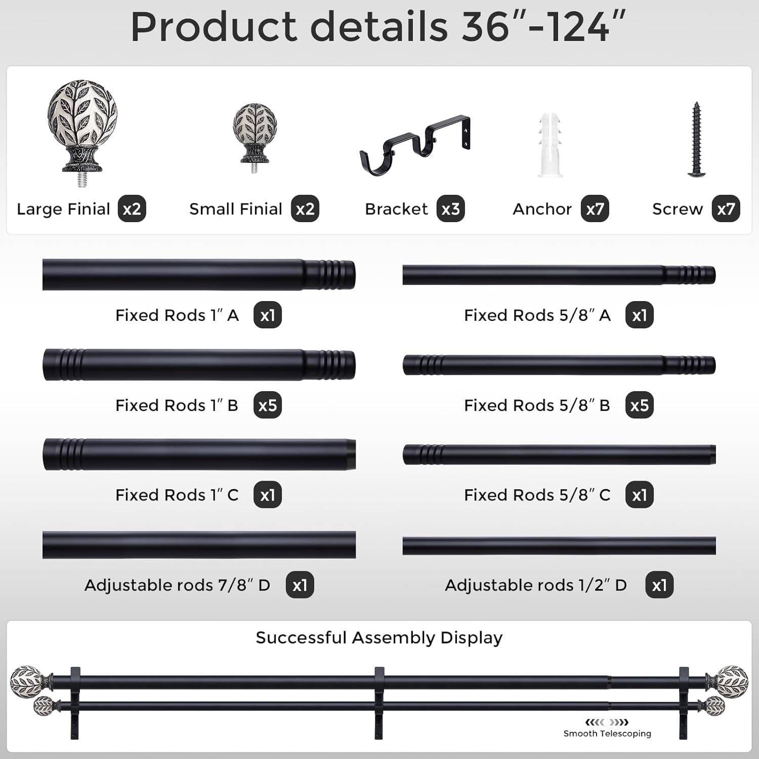 Black Double Curtain Rod 36-124 Inch, Boho Decorative Long Dual Curtain Rods for Windows, 1" Adjustable Heavy Duty Double Rod, Unique Handmade Leaf Finial Design