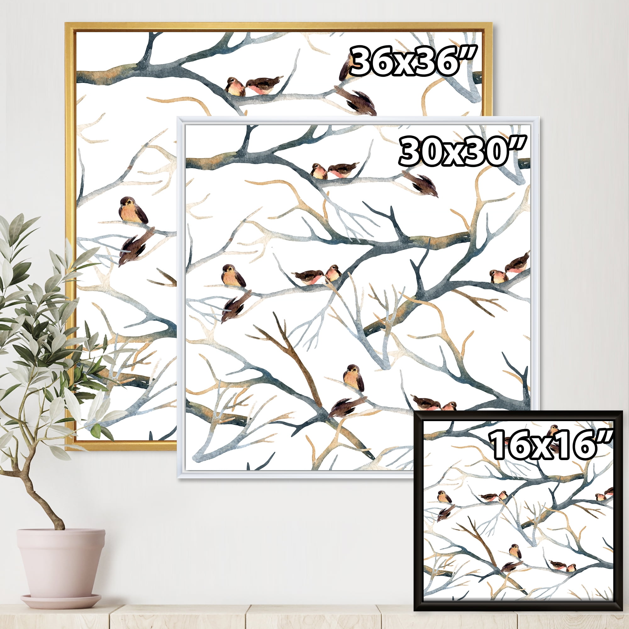 Designart 'Little Birds Sitting On The Tree Branches I' Traditional Framed Canvas Wall Art Print