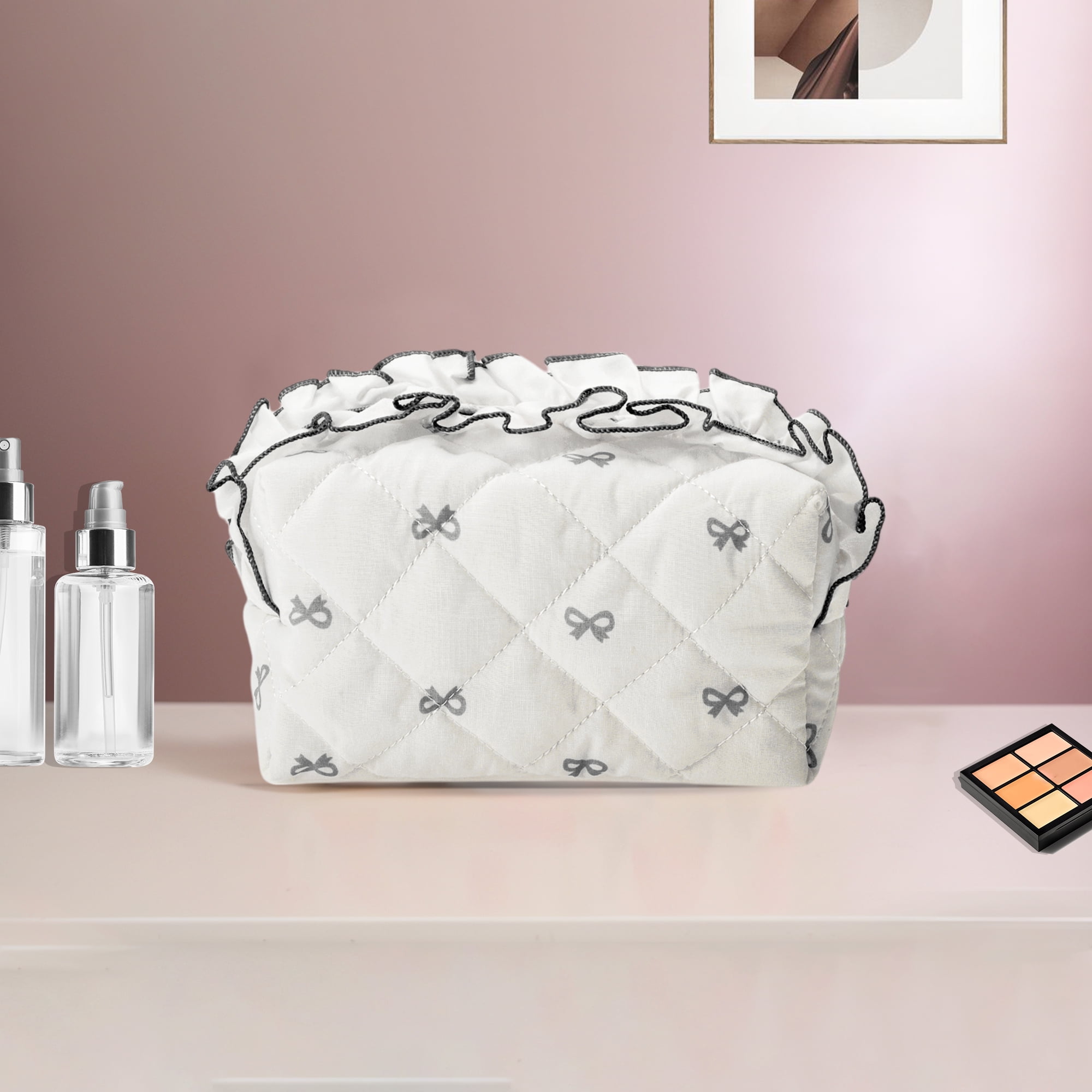 Unique Bargains 1 Pc Lace Bow Ruffles Makeup Bag for Everyday Use 3.94 in  Black