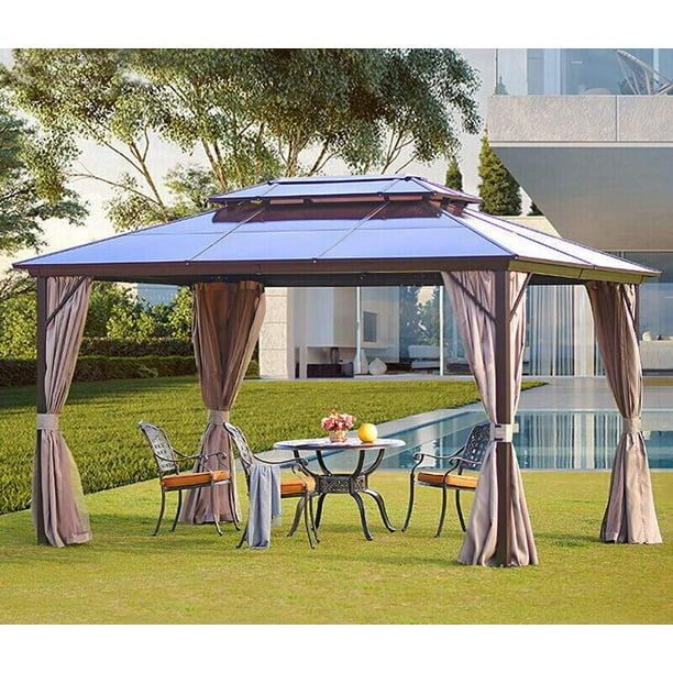EROMMY 10'x13' Outdoor Polycarbonate Double Roof Hardtop Gazebo Canopy Curtains Aluminum Frame