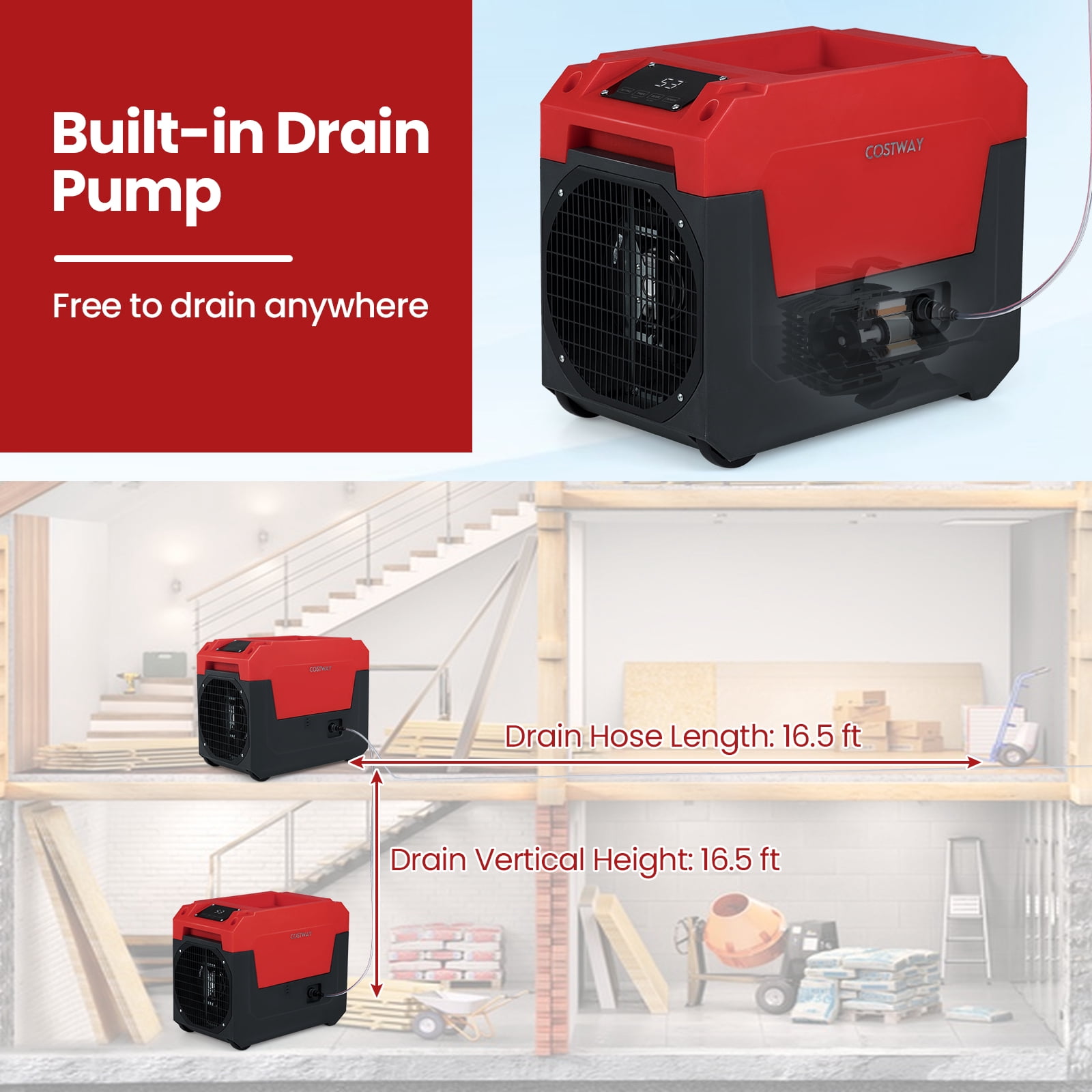 Costway 140 Pints Commercial Dehumidifier with Pump, Drain Hose for Basements, Job Sites Red