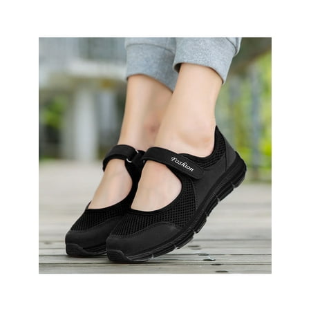 

Rotosw Womens Shoes Casual Walking Sneakers Mesh Flat Mary Jane Sandals for Elderly Women Black US 5