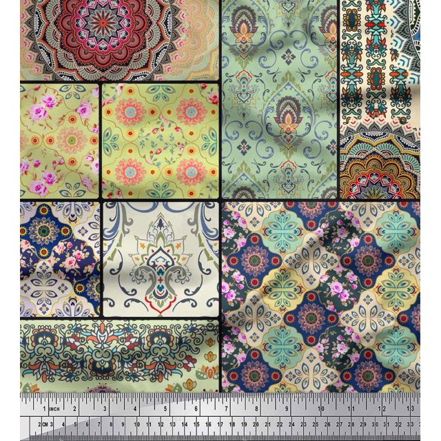 Soimoi Polyester Crepe Fabric Ogee & Mandala Patchwork Print Sewing Fabric Yard 52 Inch Wide