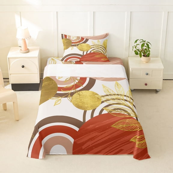 Castle Fairy Boho Tropical Leaf Twin Sheet Sets 3pcs for Teens, Geometric Print Bedding for Bedroom, Clay Brown Gold