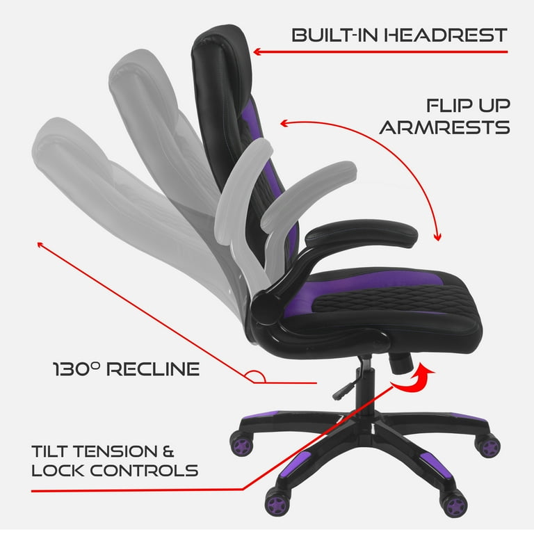 Aon Archeus Gaming Style Computer Desk Chair Built In Lumbar Support Flip Up Arm Lock Tilt 360 Swivel 300 lb. max Black Purple