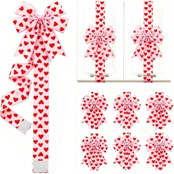 6 Pcs Red Hearts Valentine's Cabinet Bows - 79-Inch Ribbon Bows for Window & Kitchen Decor, Valentine's Day Party Supplies(6Pcs, B)