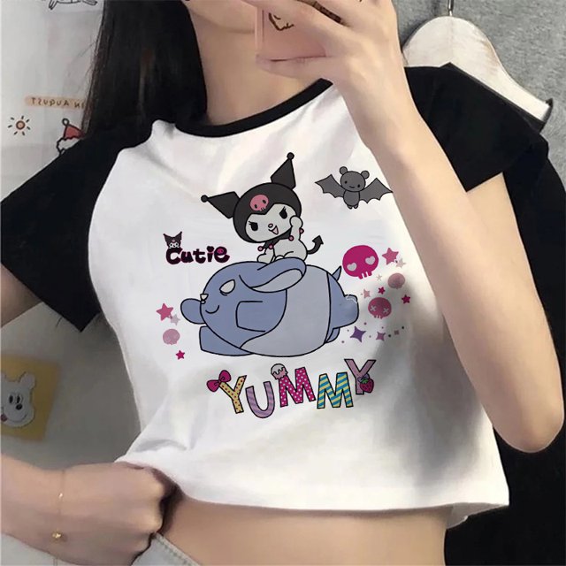 Ropa Y2k para mujer, camiseta Kawaii ajustada con cuello redondo, ropa corta de verano, camisetas de moda con personajes de dibujos animados Sanrio