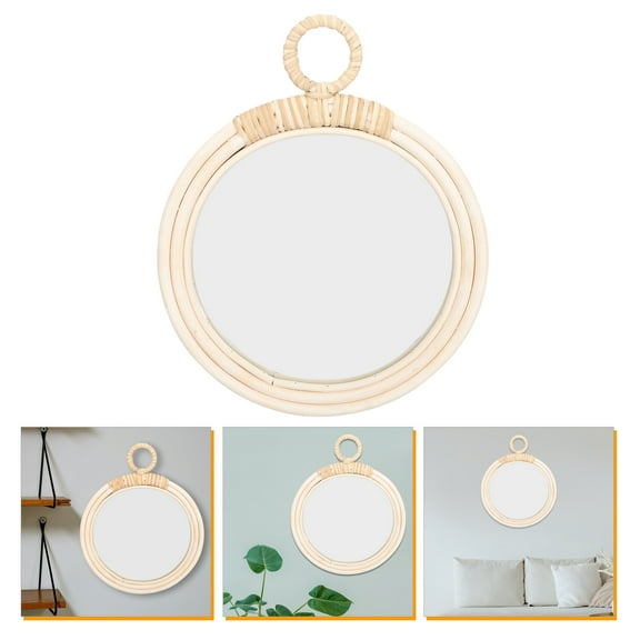 GOOHOCHY  Rattan Mirror Macrame Decor Makeup Wall Mounted Vanity Beige