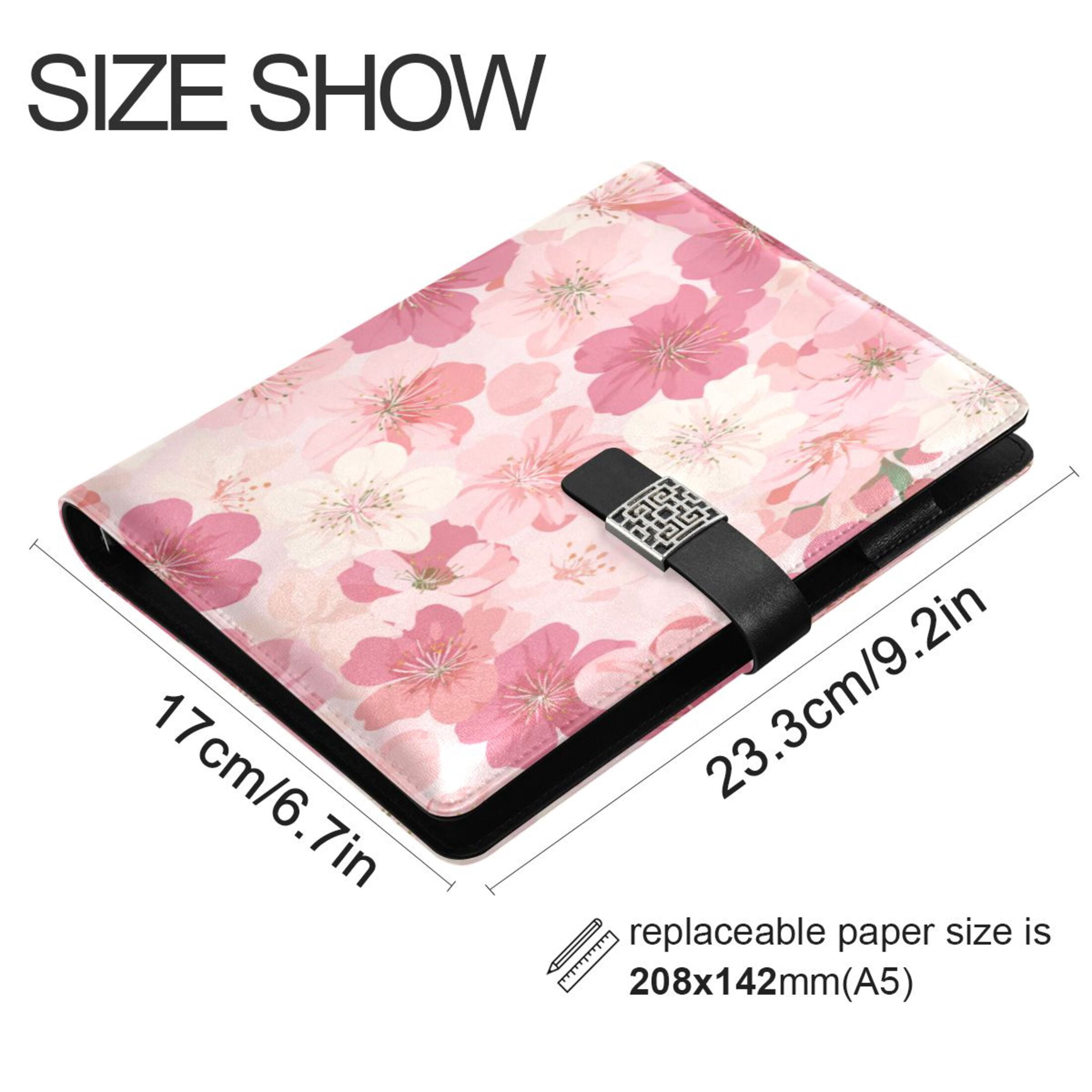 Leather Planner Leather Notebook Notebook Journal Binder Design Pen Pocket Design Convenient for Storage Light Pink Flowers on Cloth