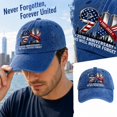 thumbnail image 5 of 9.11 Never Forget 25th Anniversary Baseball Cap,Memorial Hat | Distressed patriotic cap featuring tribute lights, city skyline and a bold remembrance message for commemorative occasions., 5 of 5