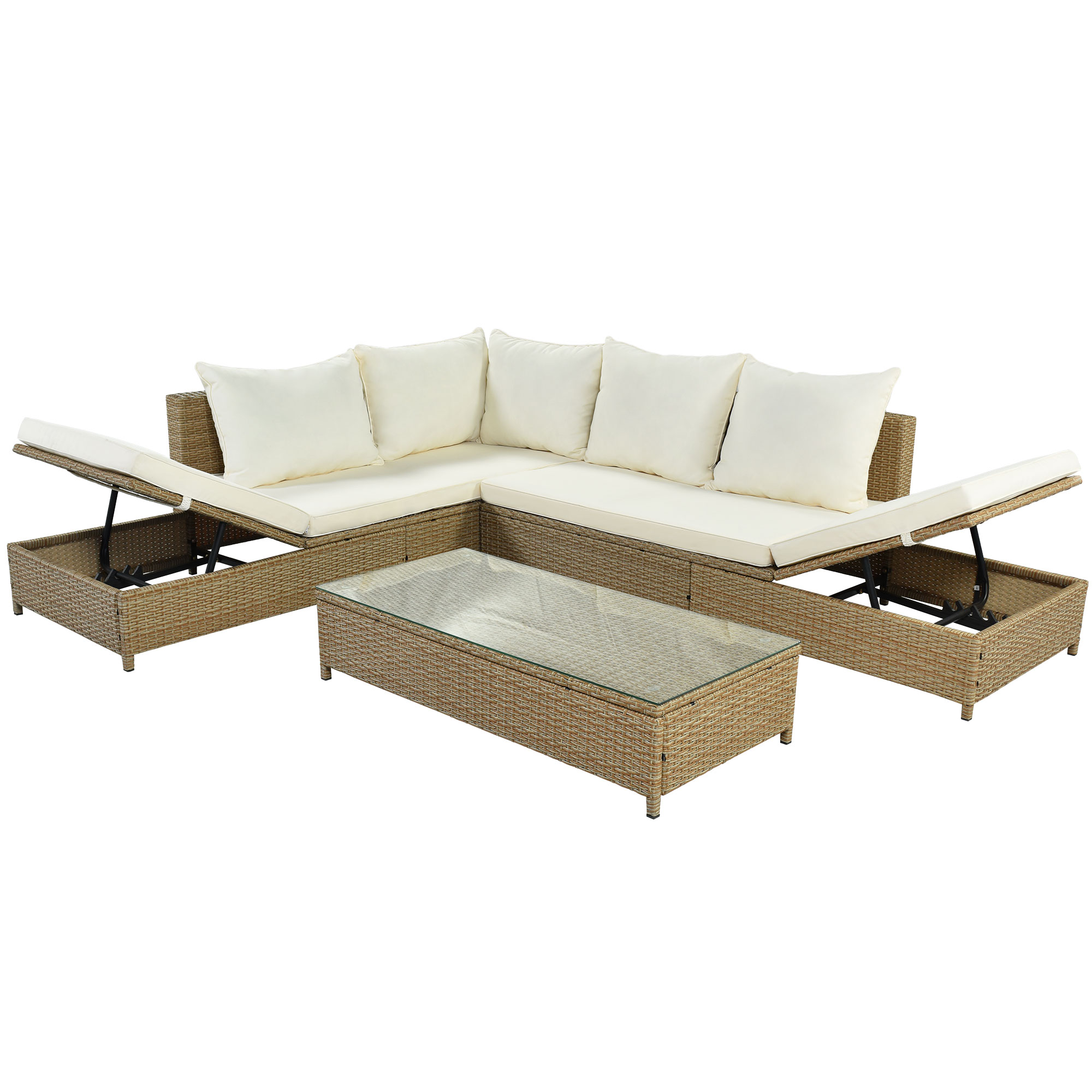 TOPMAX Patio 3-Piece Rattan Sofa Set All Weather PE Wicker Sectional Set with Adjustable Chaise Lounge Frame and Tempered Glass Table, Natural Brown+ Beige Cushion - image 4 of 9