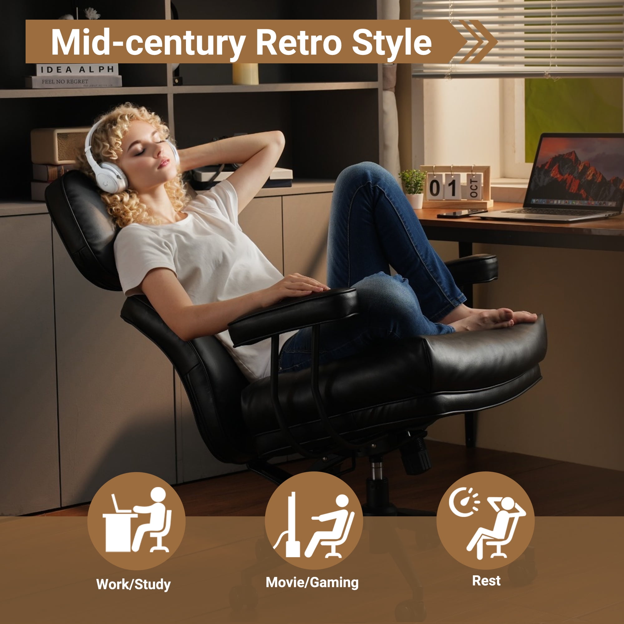 Ovios PU Leather Office Chair High Back Ergonomic Desk Chair with Lumbar Support Mid-Century Executive Computer Chair with Wheels for Home Office, Black