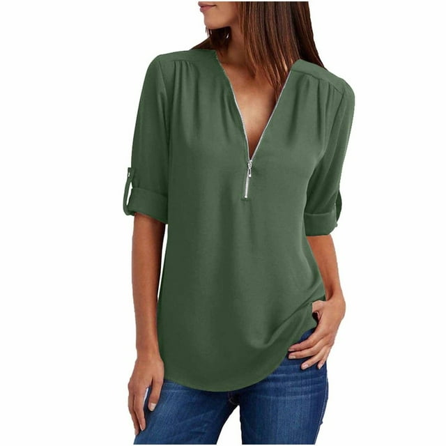 Tops d'Été pour Femmes Grande Taille Zip Tunique Décontractée à Manches Roulables Tops Chemisiers Chemises Blanc Clair