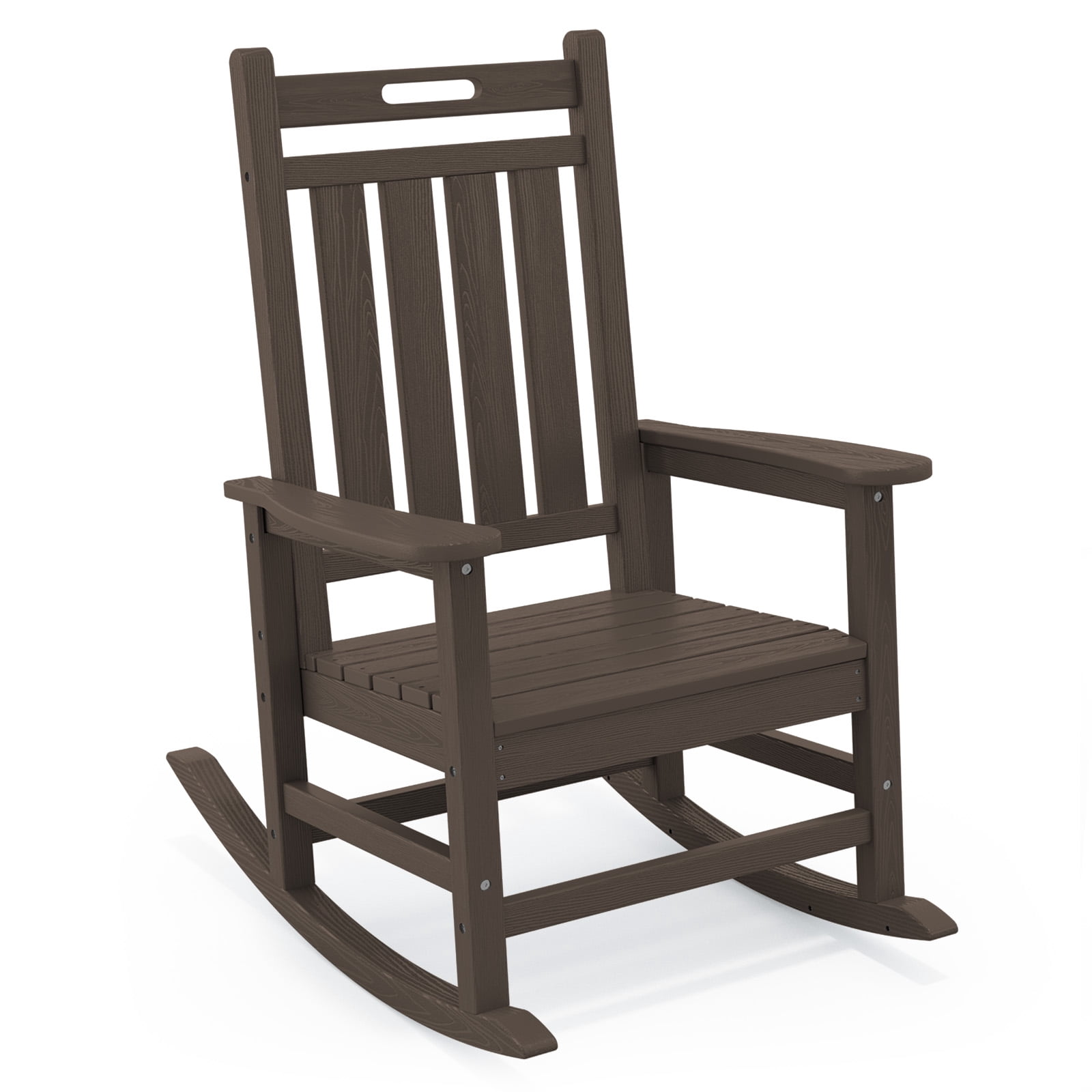 LOYALICE HDPE Outdoor Rocking Chair for Porch Patio, All-Weather High Back Rocker with Wood-Grain Texture, Heavy-Duty Deck Garden Seating, Fade-Resistant & Easy to Clean,Coffee