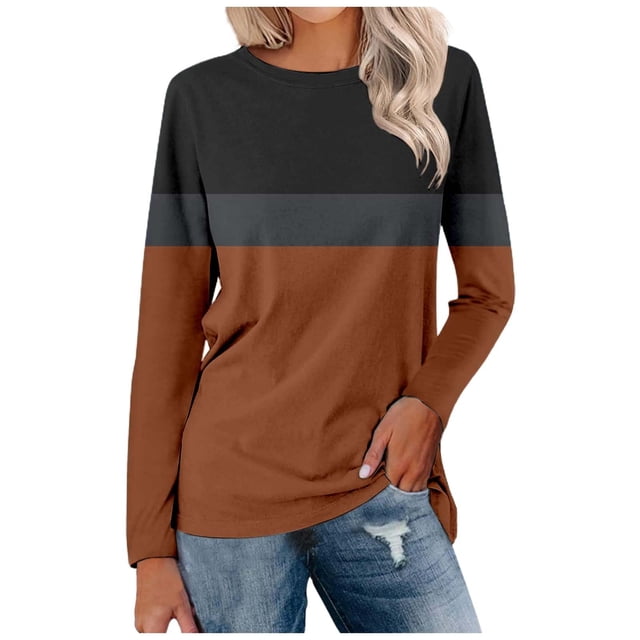 WEAIXIMIUNG Hauts Quotidiens pour Femmes Imprimé Manches Longues Confortable Blouse à Blocs de Couleur Tunique Décontractée Manches Longues Col Rond Pull Chemises