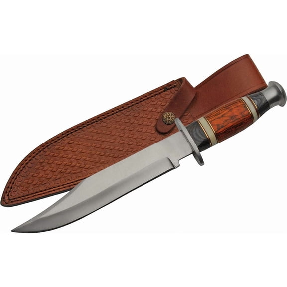SZCO 14 Inch Wood Hunter Bowie Knife Stainless Steel Blade Pakkawood Handle Bone Spacers Leather Sheath Outdoor Utility Knife