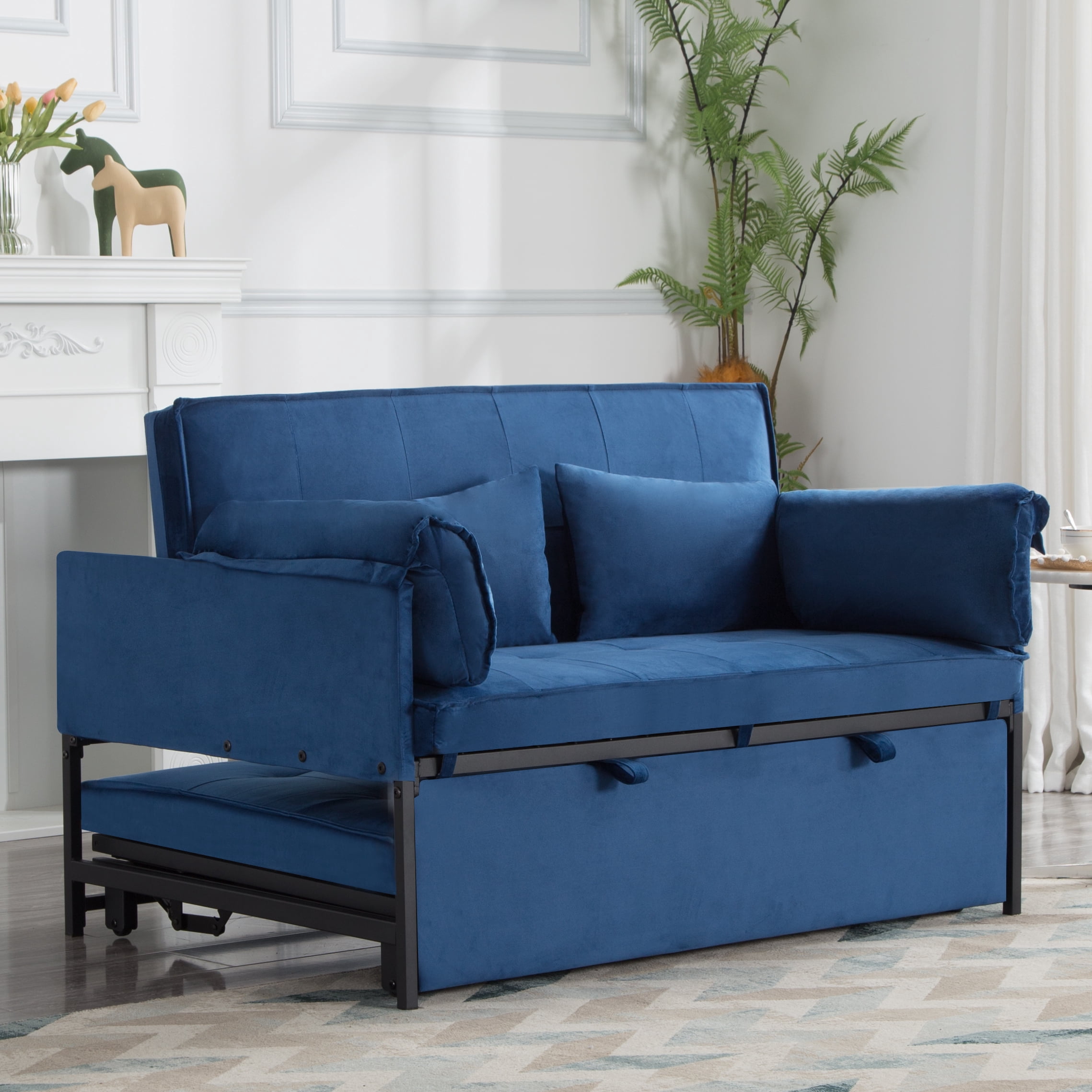 Gewnee 46"3 in 1 Convertible Sofa Bed,Pull-out Sleeper with 5 Reclining Positions for Living Room,Apartment,Velvet Navy Blue