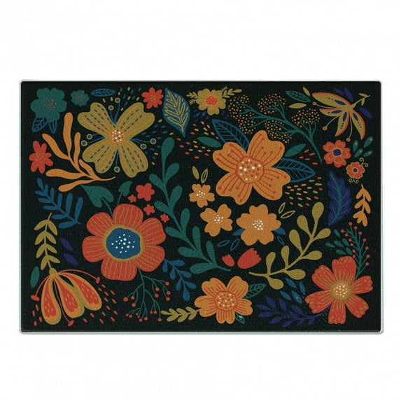 Folk Art Cutting Board, Floral Motifs and Leaves Bouquets Image in Polish Art Style, Decorative Tempered Glass Cutting and Serving Board, in 3 Sizes, by Ambesonne