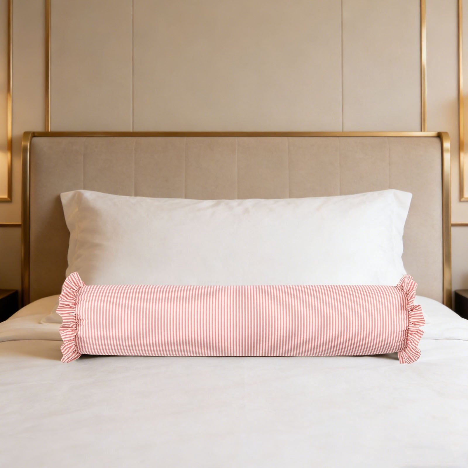 Striped Body Pillow with Ruffled Edges, Large Round Bolster Roll Pillow for Side Sleepers, Tube-Style Hugging Body Pillow for Bed & Sofa, Removable Washable Cover, 36 x 8 Inch, Pink