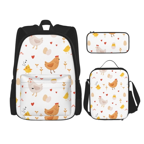 Easygdp Funny Chicken Mochila para Niños y Niñas con Set de Caja de Almuerzo y Estuche para Lápices 3 en 1, Mochila Escolar Estampada para Adolescentes