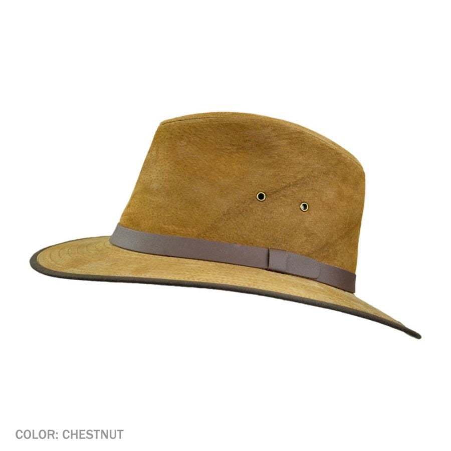 Nubuck Leather Safari Fedora Hat - S - Chestnut