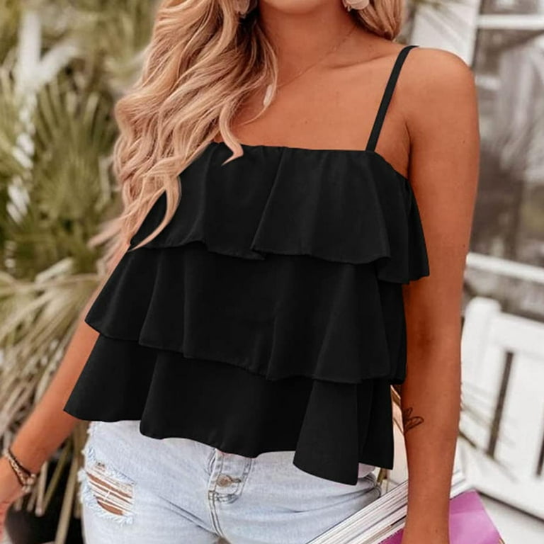 RQYYD Reduced 2023 Women's Summer Spaghetti Strap Cami Tank Tops Layered  Ruffle Tie Shoulder Flowy Camisole Casual Sleeveless Shirts(Black,M)