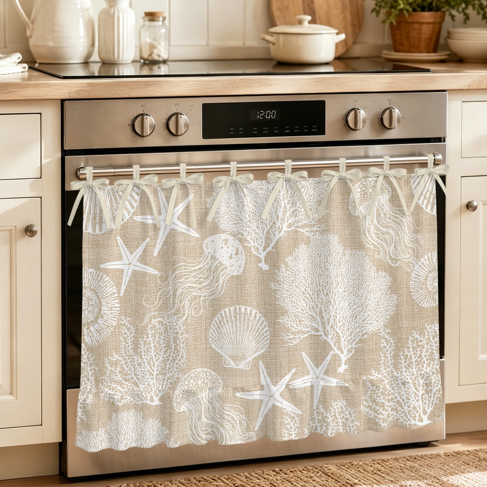 Brown Beige Coastal Oven Curtain with Tie Top Oven Skirt Curtain for Kitchen Nautical Starfish Coral Jellyfish Shell Sea Under OvenCover for Dust & Grease Apartment RV Cabinet Curtains 27 x20
