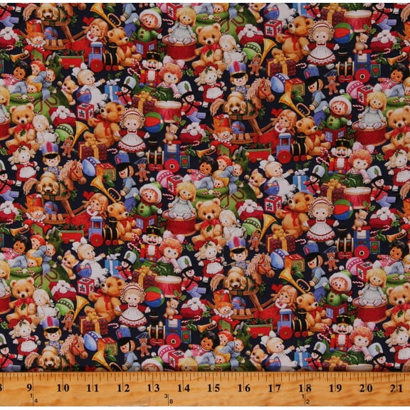 Cotton Santa's List Children Kids Child Toys Games Nutcrackers Dolls Puppies Presents Christmas Holiday Midnight Cotton Fabric Print by the Yard (4131MIDNIGHT)