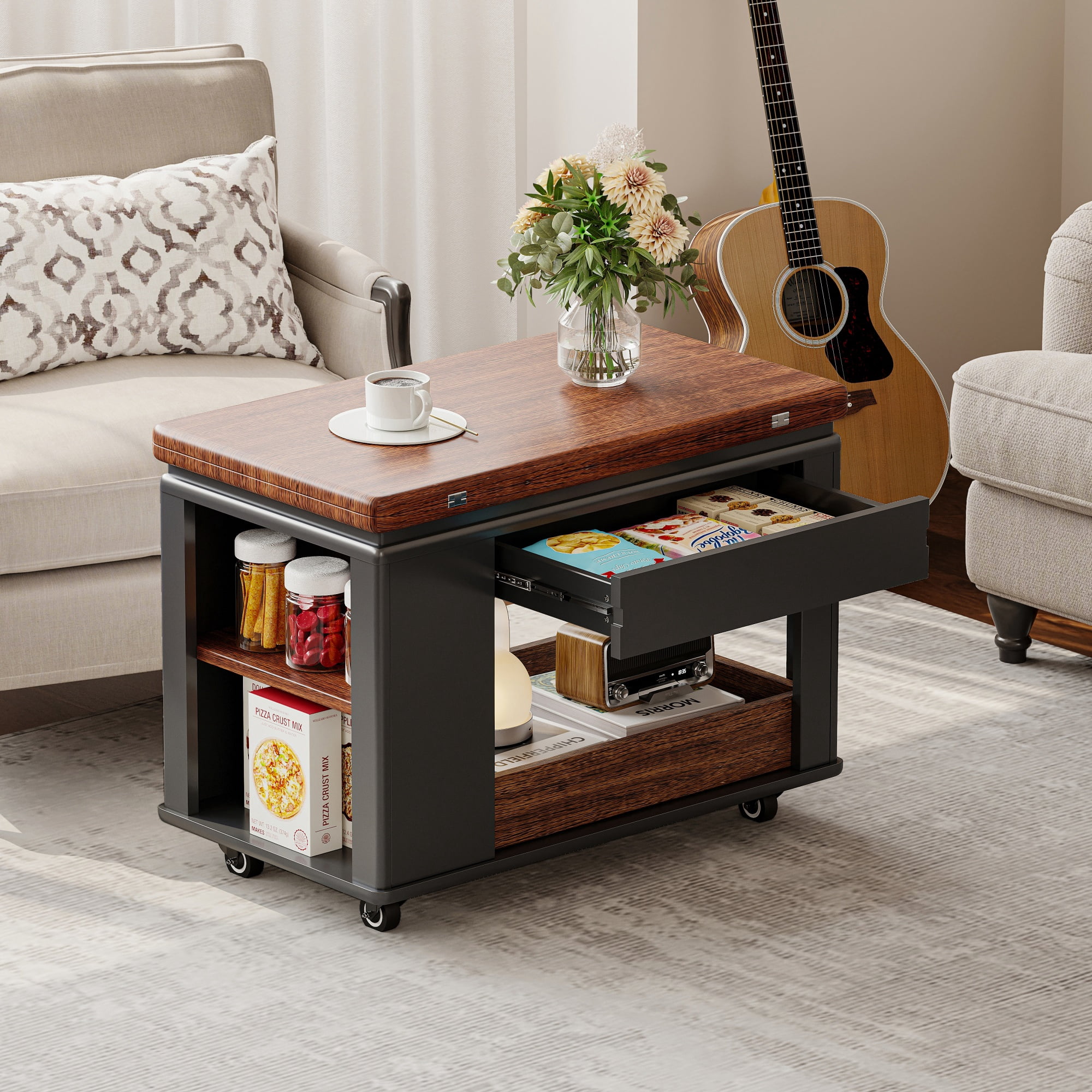 Euroco 27.6'' Modern Multi-Function Coffee Table/Side Table with Foldable Top & Casters, Multi-tier storage, Black & Walnut