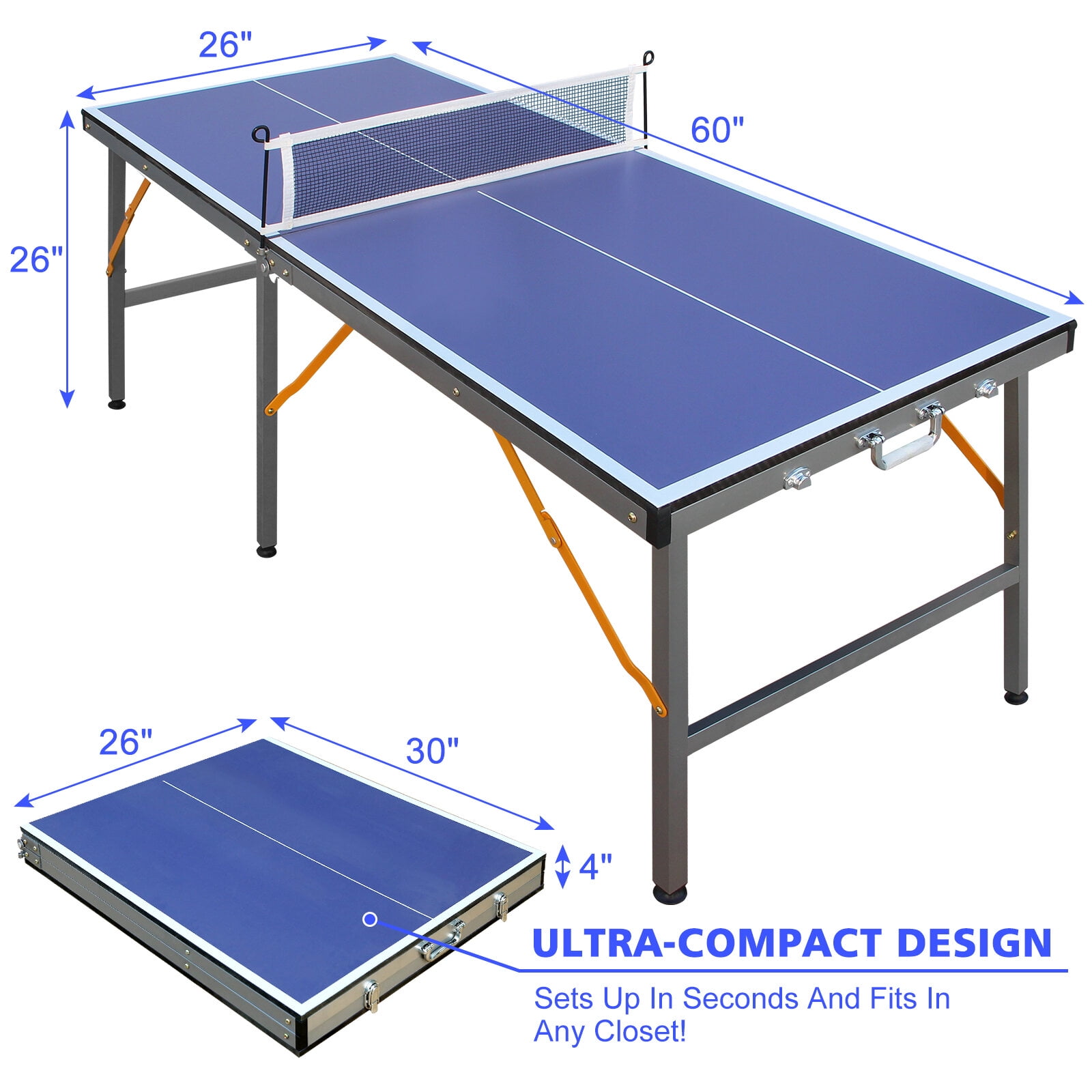 Table Tennis Table 5ft Mid-Size Table Tennis Table Foldable & Portable Ping Pong Table Set for Indoor Games with Net, 2 Table Tennis Paddles and 3 Balls,Ping Pong Table