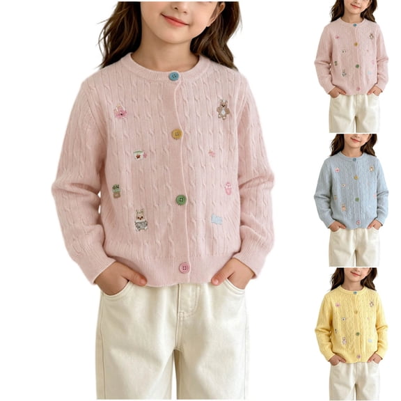 Acaics Girls Cable Knit Cardigan, Long Sleeve Crew Neck Button Down Cute Embroidery Sweater with Pockets for Fall Winter