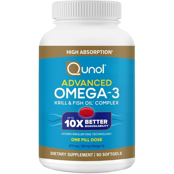 Qunol Advanced Omega 3 Krill and Fish Oil Complex, 10x Better Bioavailability, One Pill Dose, 250mg EPA & DHA, Supports Brain, Eye, Heart and Joint Health, 90 Count (Pack of 1)