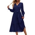 thumbnail image 1 of Vestido PRETTYGARDEN Maxi Cruzado con Escote en V y Mangas Largas Azul Marino Talla L, 1 of 6