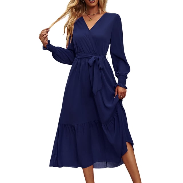 Vestido PRETTYGARDEN Maxi Cruzado con Escote en V y Mangas Largas Azul Marino Talla L