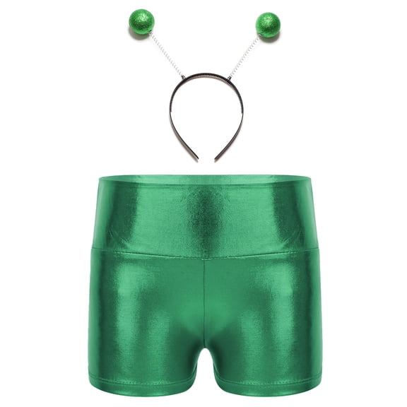 iiniim Kids Girls Alien Outfits Gymnastic Dance Shorts Halloween Shiny Metallic Shorts with Hair Hoop Set Green 16