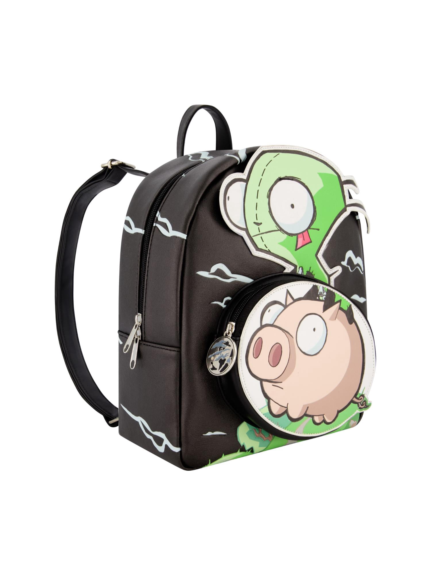 Invader Zim Mini Backpack, GIR and Pig Small Travel Bag for Men and Women, Adjustable Shoulder Straps, Black, 10 Inch
