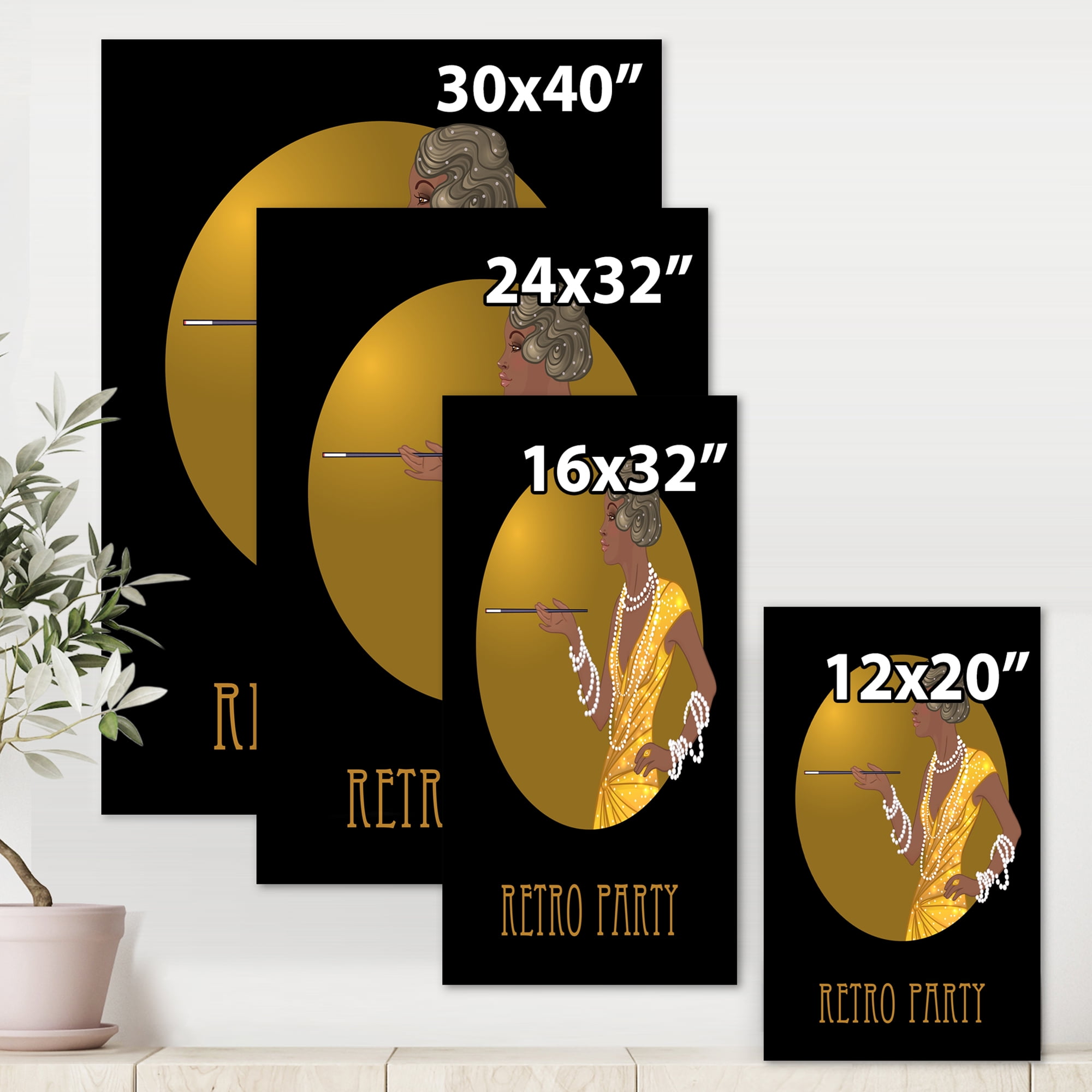 Retro Fashion Glamour Afro American Woman 16 in x 32 in Painting Canvas Art Print, by Designart